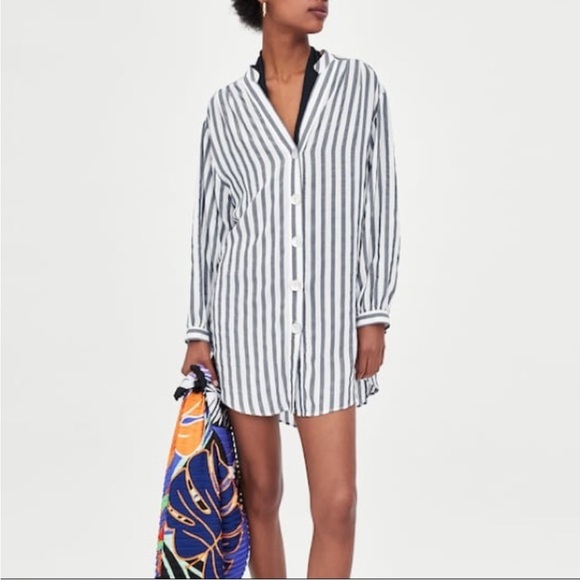 Zara TRF Oversized Striped Button Down Blue White Shirt, Size Small - Picture 1 of 6